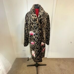 Johnny Was BIYA Leopard Faux-Fur Coat with Embroidered  Floral Accents Size M